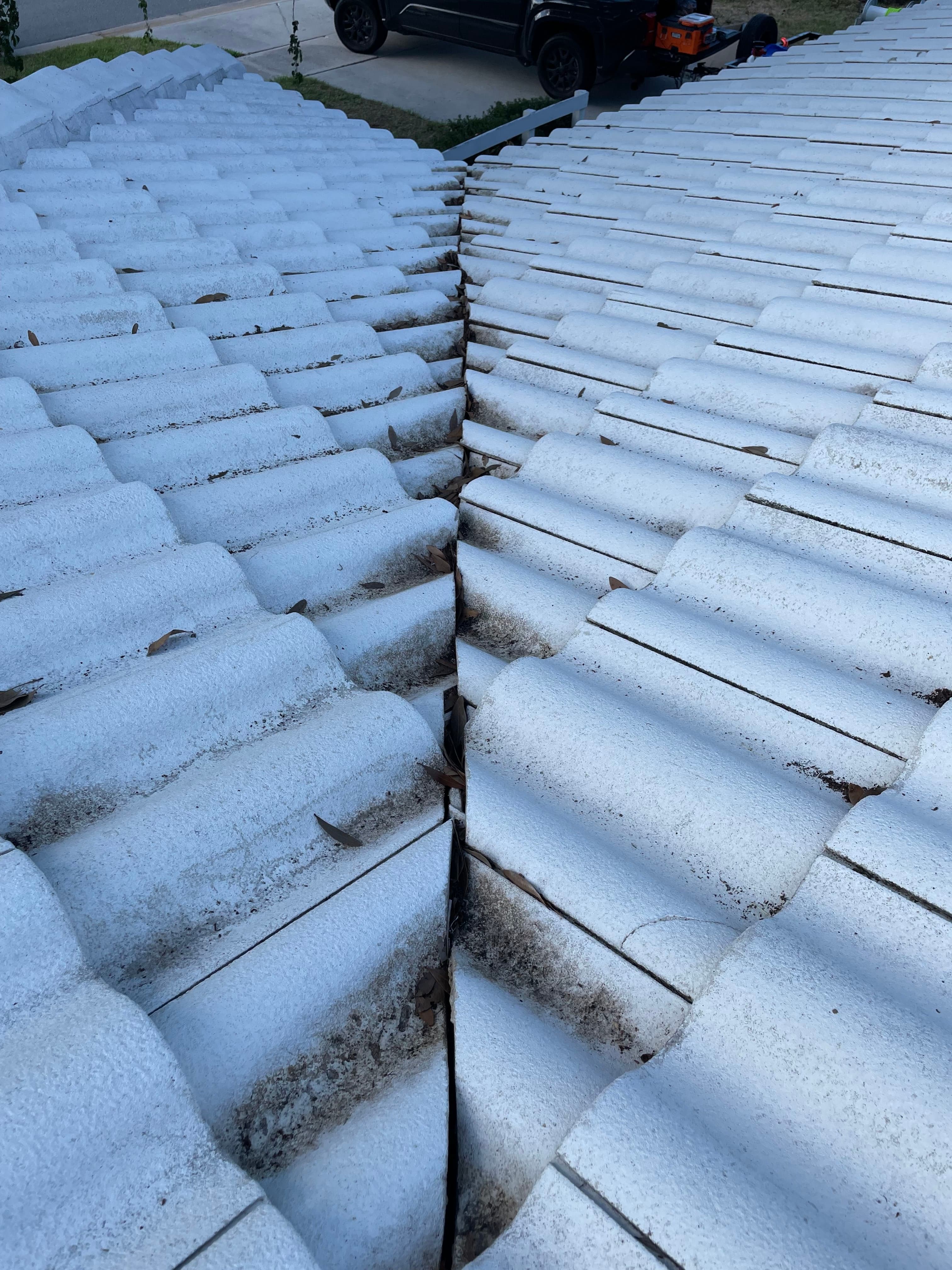 A Florida tile roof before cleaning, covered in dirt and algae streaks